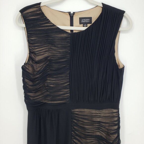 Adrianna Papell Ruched Mesh Sheath Cocktail Dress 12 Sleeveless Nude Black Tan - Picture 4 of 10